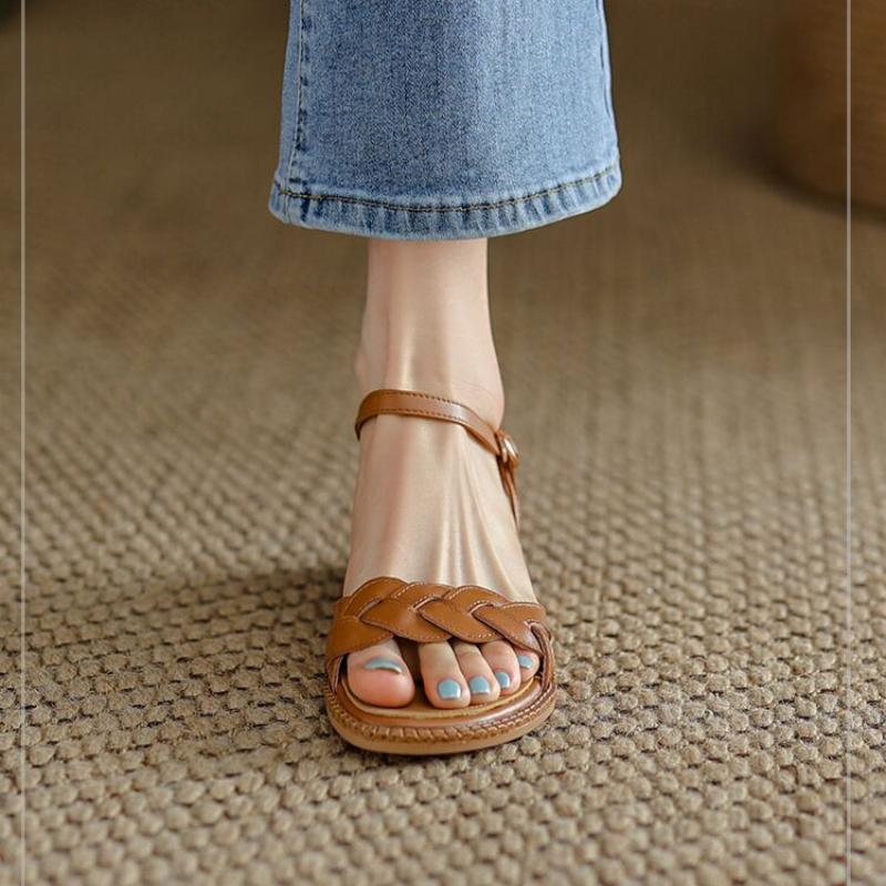 Fashion Shoes Female Sandal 2025 Women's Girls Beige New Summer Comfort Low Retro Flat Back Strap Square heel Rubber