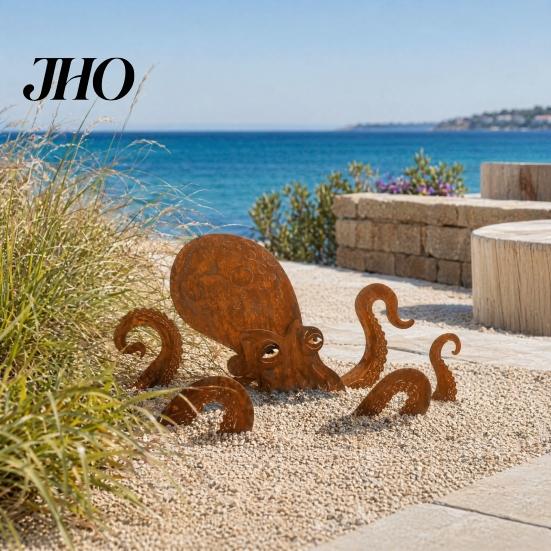 Beach House Decor Rust Patina Giant Squid Garden Sculpture, 3D Metal Nautical Octopus Outdoor Weather-resistant Art Statue for Patio Lawn Decor,