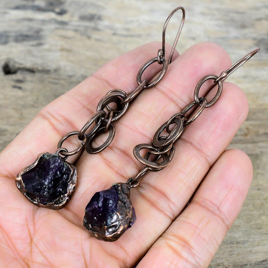African Amethyst Rough Earring Electroformed Copper Earrings Handmade Jewelry Gemstone Earring Beautiful Electroformed Jewelry Gifts for Mom