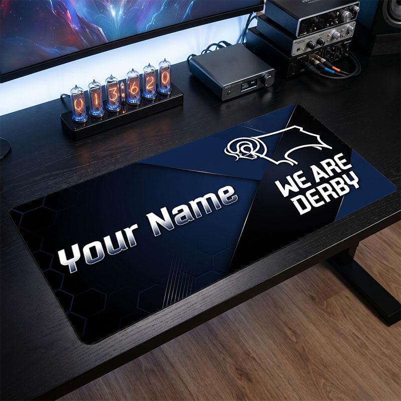 Derby County Custom Large Mouse Pad, Personalized Name Text Print, Football Logo Non‑Slip Desk Mat Gaming Gift
