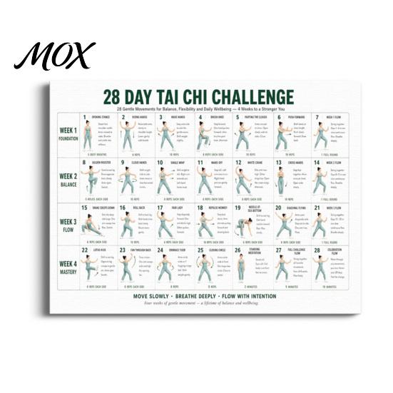 Coordinated Movement Plan 28 Day Tai Chi Challenge Poster, Beginner Guide Chart, Low Impact Mobility Training Standing Home Workout Routine,