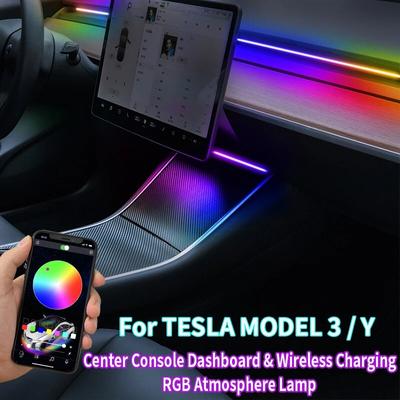 Для Tesla Model 3 Y салон автомобиля RGB неоновый свет светодиодная лента центральная консоль приборная панель беспроводная зарядка окружающая лампа управление через приложение