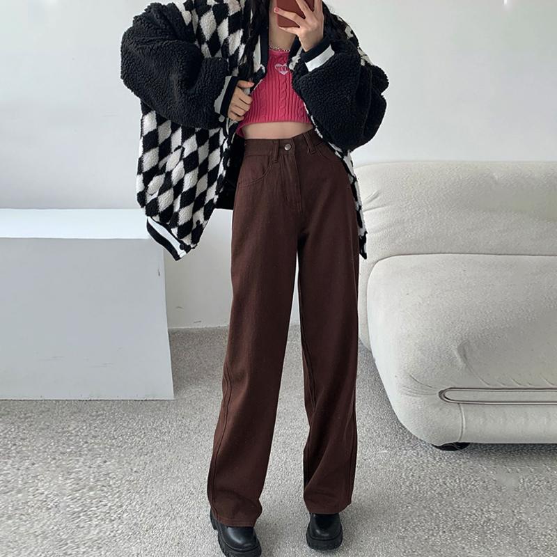 Коричневые джинсы, женские летние мешковатые прямые широкие брюки с высокой талией, женские повседневные уличные брюки Y2k, винтажные джинсовые брюки