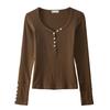 Button V-neck Long-sleeved T-shirt for Women's Pure Cotton Autumn New Style Front Shoulder Top Base Shirt