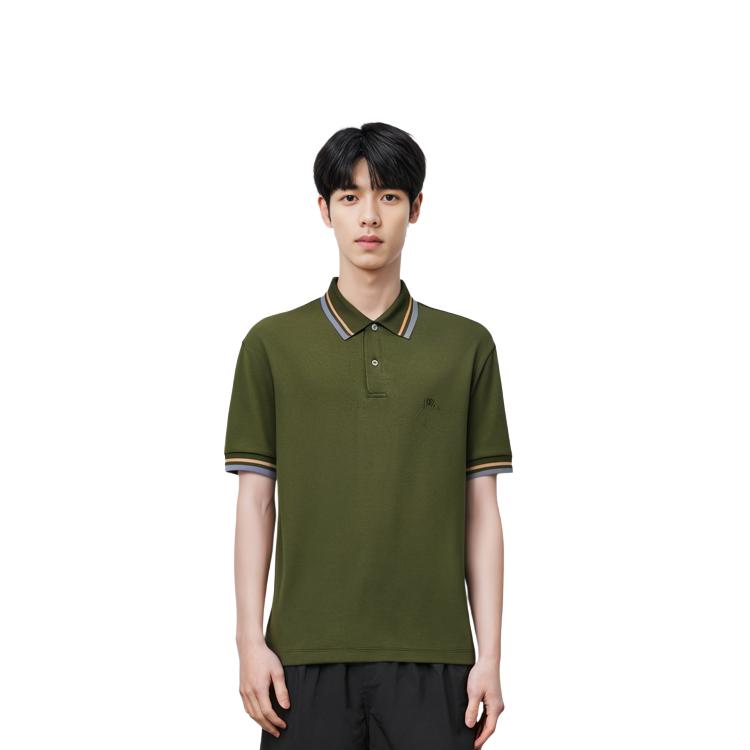 Uniqlo Однотонная полосатая отделка Короткий рукав Рубашка-поло Мужские топы Темно-оливково-зеленый 458078-57