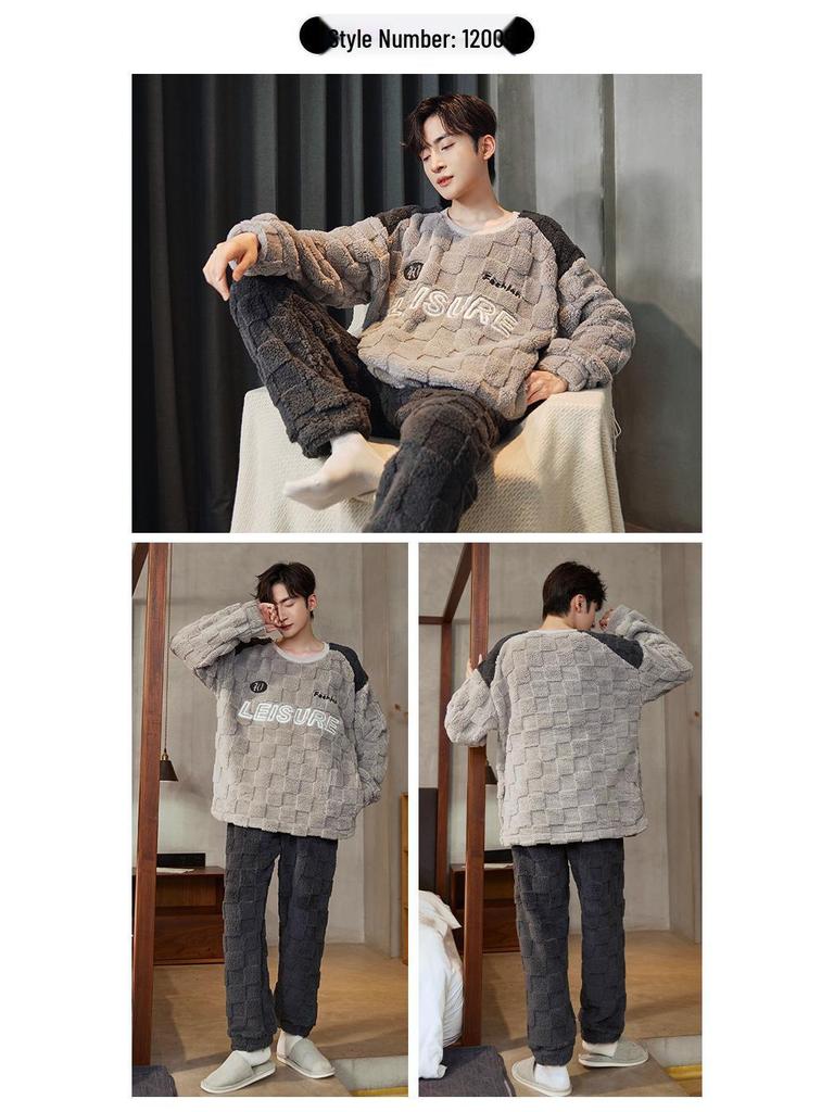 Men's Winter Flannel Pajamas - Thick Plush Coral Fleece Long Sleeve Set