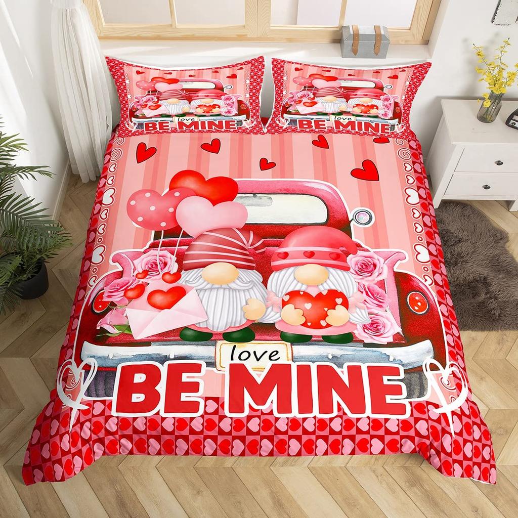 День святого Валентина King Пододеяльник Романтический комплект постельного белья Kawaii Парочка Гном Одеяло Чехол Розовые розы Сердца Полиэстер Одеяло Чехол