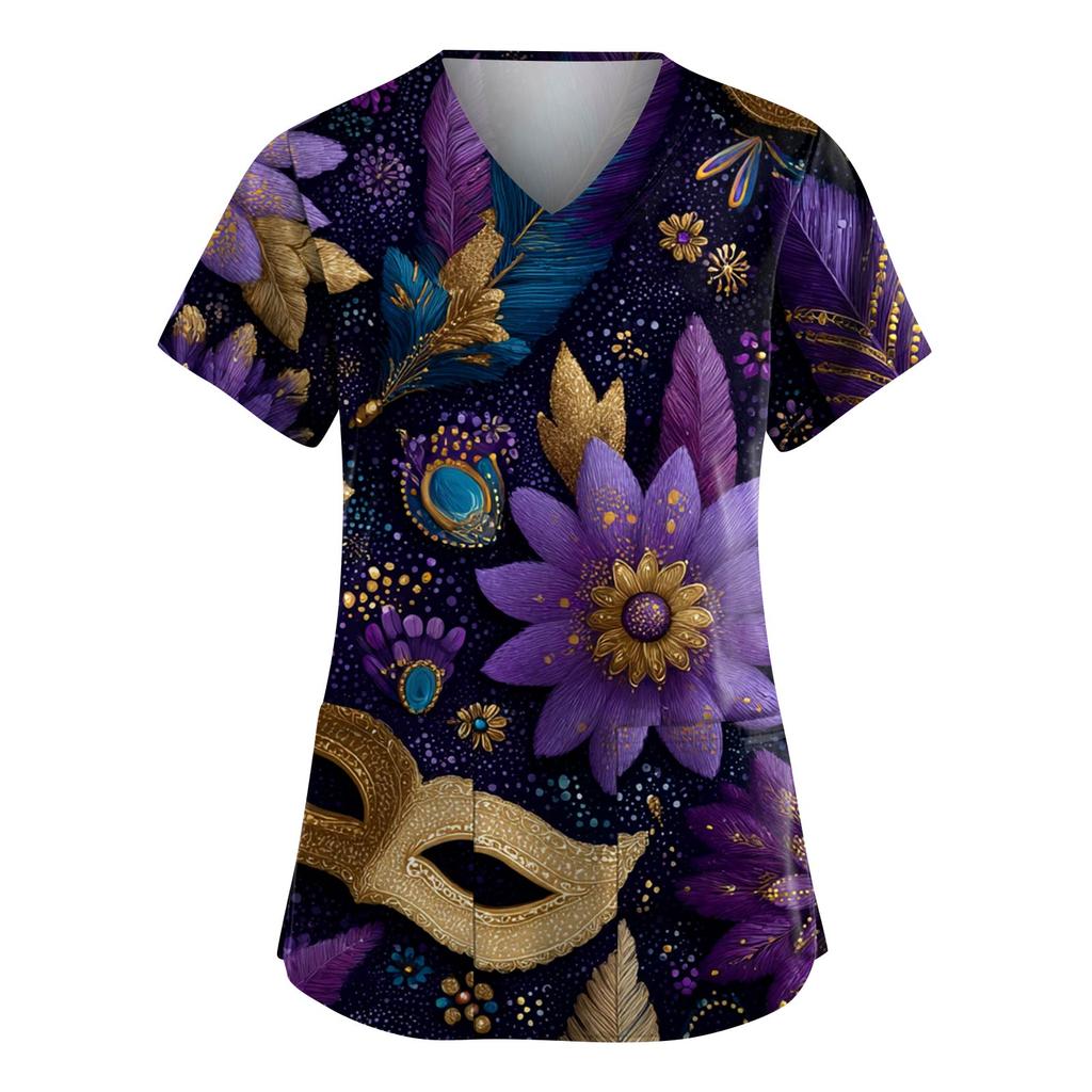 Женская модная рабочая одежда с V-образным вырезом и короткими рукавами, с карманами, топ с карнавальным принтом, униформа для сиделки