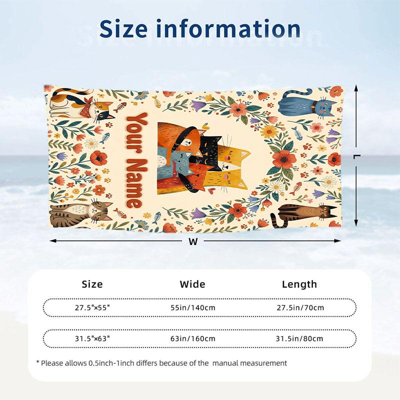 Cat Theme Beach Towel Personalized Custom Name & Text Soft Quick Dry Beach Towel for Swimming Travel