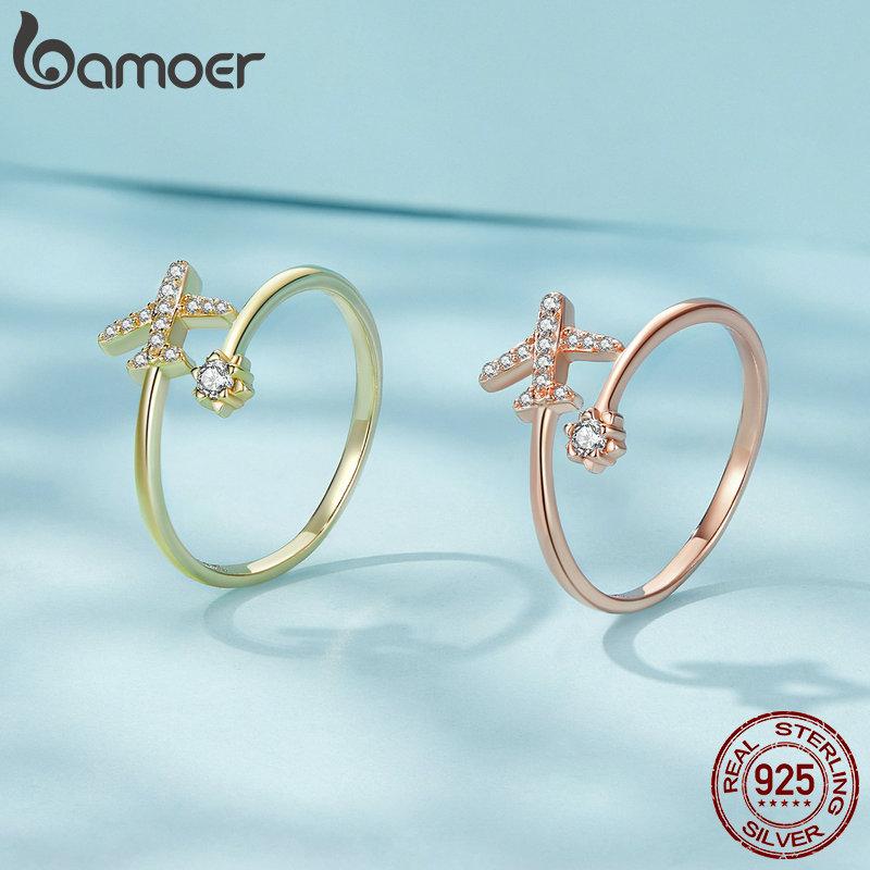 Bamoer из стерлингового серебра 925 пробы, летающий самолет, открытые кольца на палец для женщин, прозрачное регулируемое кольцо с CZ
