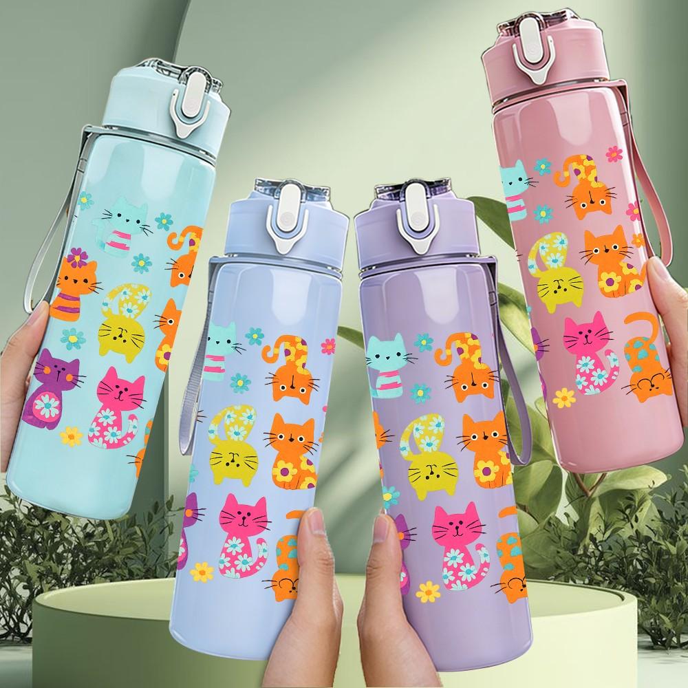 1PC Doodle Cat Bear Bright Cartoon Print 750ml Color Plastic Sports Water Bottle Leakproof Flip Straw Lid Suitable for Sports Office Home Use