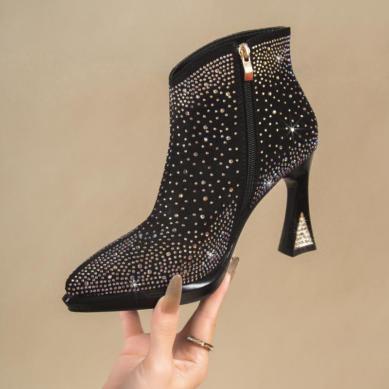Модные зимние роскошные брендовые ботильоны женские ботильоны с острым носком на высоком каблуке на платформе однотонные туфли с кристаллами Botas Mujer