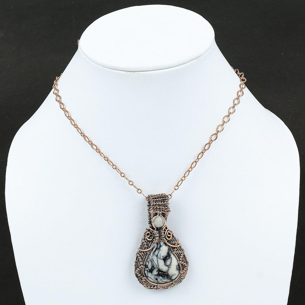 Подвеска из яшмы Pinolith, медная проволока, обернутая драгоценным камнем, дизайнерская подвеска ручной работы, радужный лунный камень, ювелирное украшение в подарок для нее, медные украшения