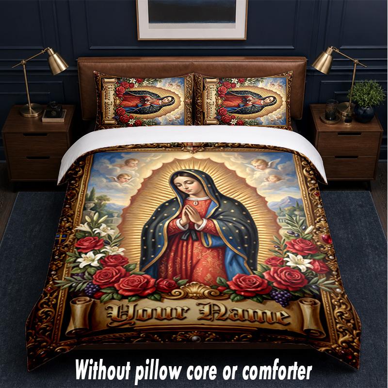 Virgin Mary Theme Custom Text Or Name 3Pcs Bedding Set,1 Flat Sheet & 2 Pillowcases Personalized Home Bedding