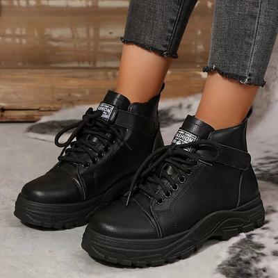 Черные ботинки на шнуровке на платформе, женские, осень-зима 2024, ботильоны на толстой подошве, женская мода, искусственная кожа, мотоциклетная обувь