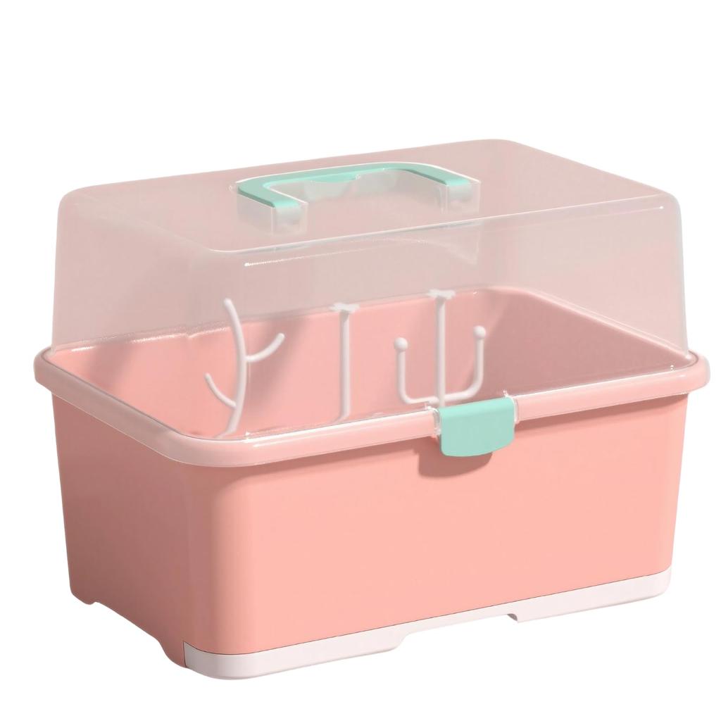 DIZLAS Baby Bottle Bottle Drying with Sterilizing Holder, Case, Rack, Box, Portable, Hygienic, Dustproof, Cover, (Pink)