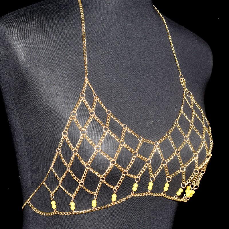 Metal Mesh Body Chain Women Geometric Beaded Chest Alloy Electroplated Stylish Club Streetwear Accessory