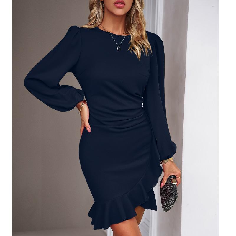 Women Bubble Sleeve Dress Solid Color Fishtail Party Dresses
