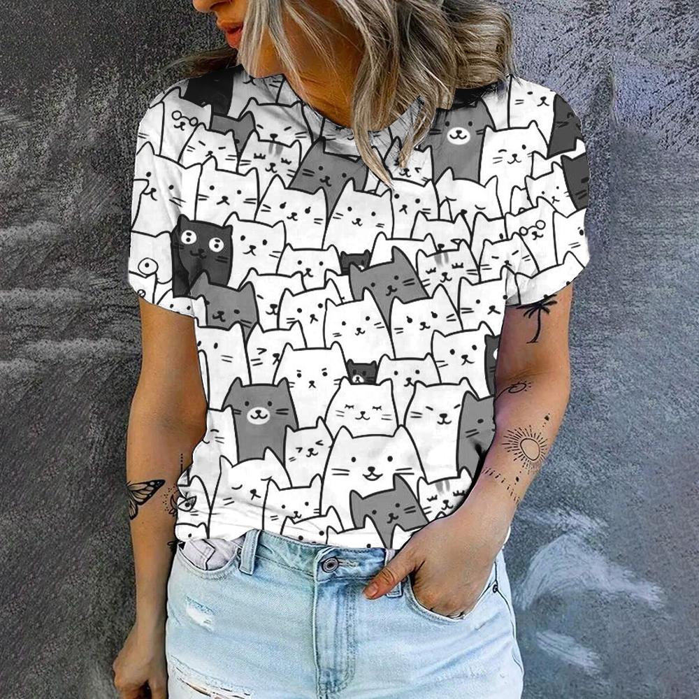 Футболка с круглым вырезом и принтом мультяшного кота, летняя, повседневная, дышащая, свободная, уличная, простая, женская футболка, топ