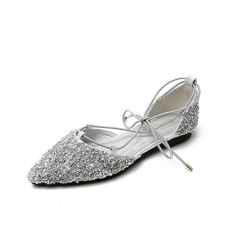 Мода 2025 Женские Роскошные Балетки со Стразами, Перекрестная Шнуровка, Плоская Обувь, Женские Кристальные Туфли Д'Орсе, Сверкающие Серебристые Мюли