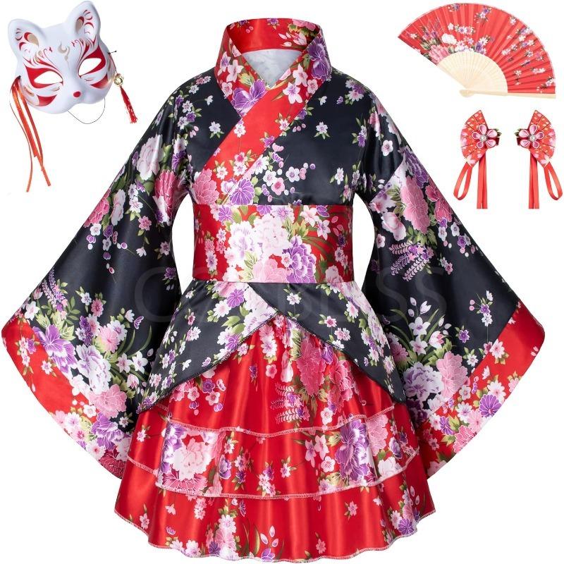 Elibelle Японское Традиционное Платье Кимоно Халат для Детей Девочек Костюм Шелковые Складные Веера Палочка для Волос Маска Лисы Набор Костюмы для Косплея
