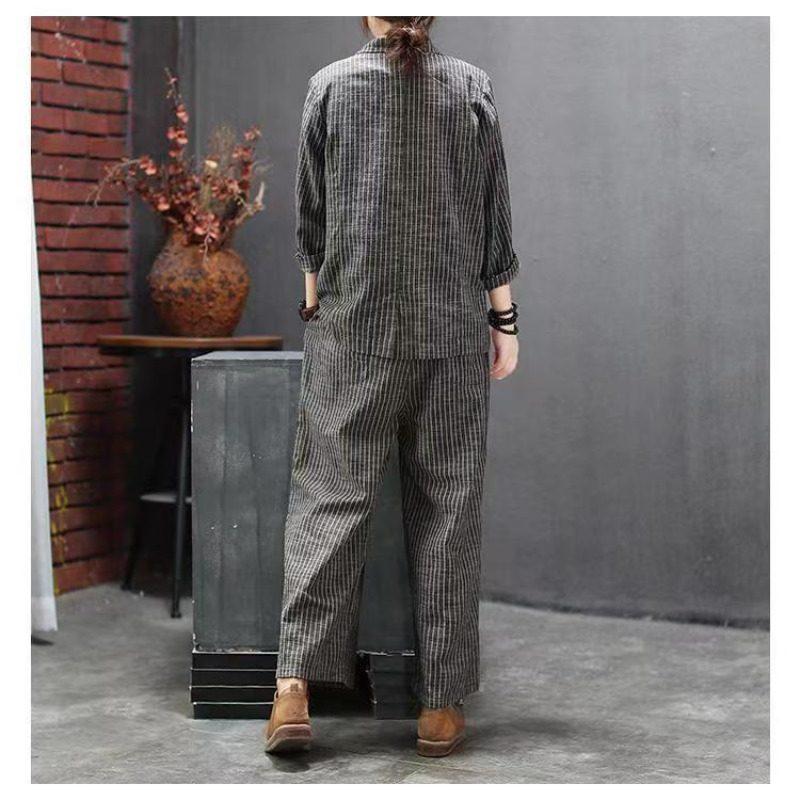 Осенне-зимний женский комплект в винтажную полоску, свободный костюм из двух предметов, брюки