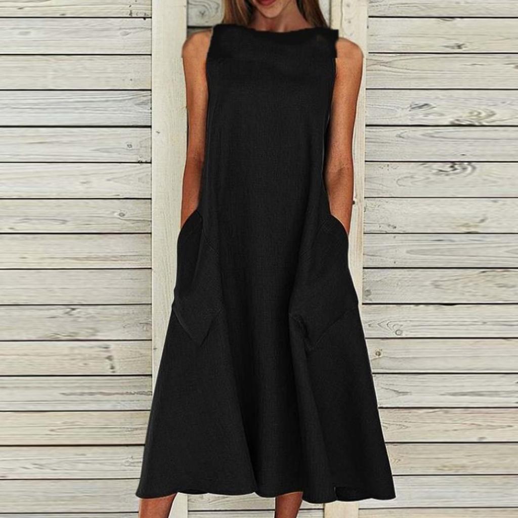 Женское свободное повседневное платье из хлопка и льна без рукавов с круглым завязками и карманами