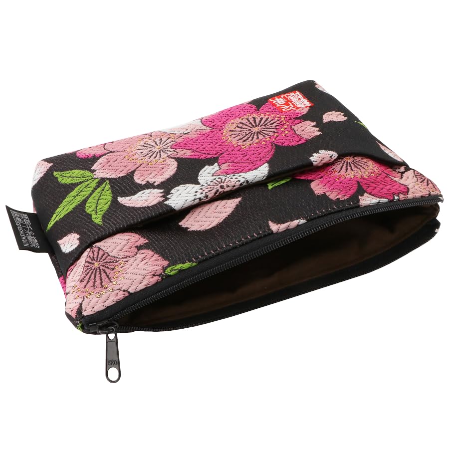 Senshishuin Nishijin Brocade Pouch with Black Love Cherry Blossom Design (Lined) (Small)
