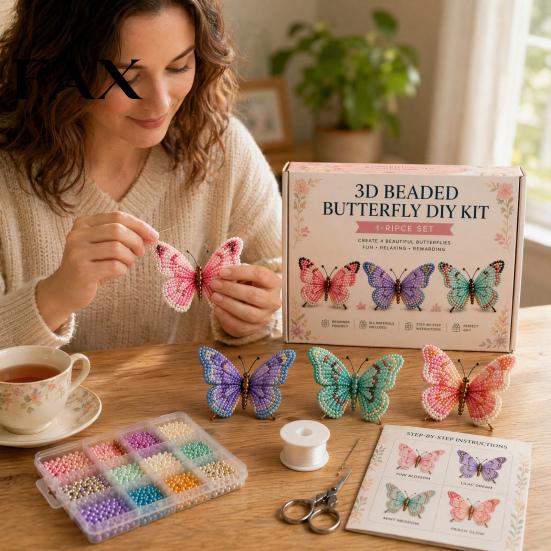 Mini Butterfly Decorations 3D Beaded Craft Kit, Tiny Animal DIY Handmade Art Set Kit For Adults with Instruction, Cute 4-Pack Butterflies Beadwork for