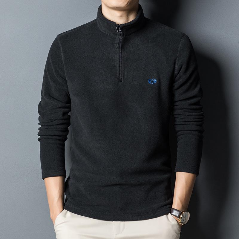 Толстовка, мужская флисовая футболка с длинными рукавами, мужская осенне-зимняя вышитая молодежная футболка с воротником-стойкой и полумолнией, теплая футболка, топ