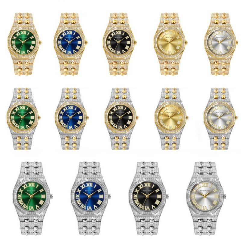 Men's Diamond Quartz Watch Waterproof Iced Out Wristwatch with Roman Numeral Dial, Gold/Silver Bling Hip Hop Watch for Men