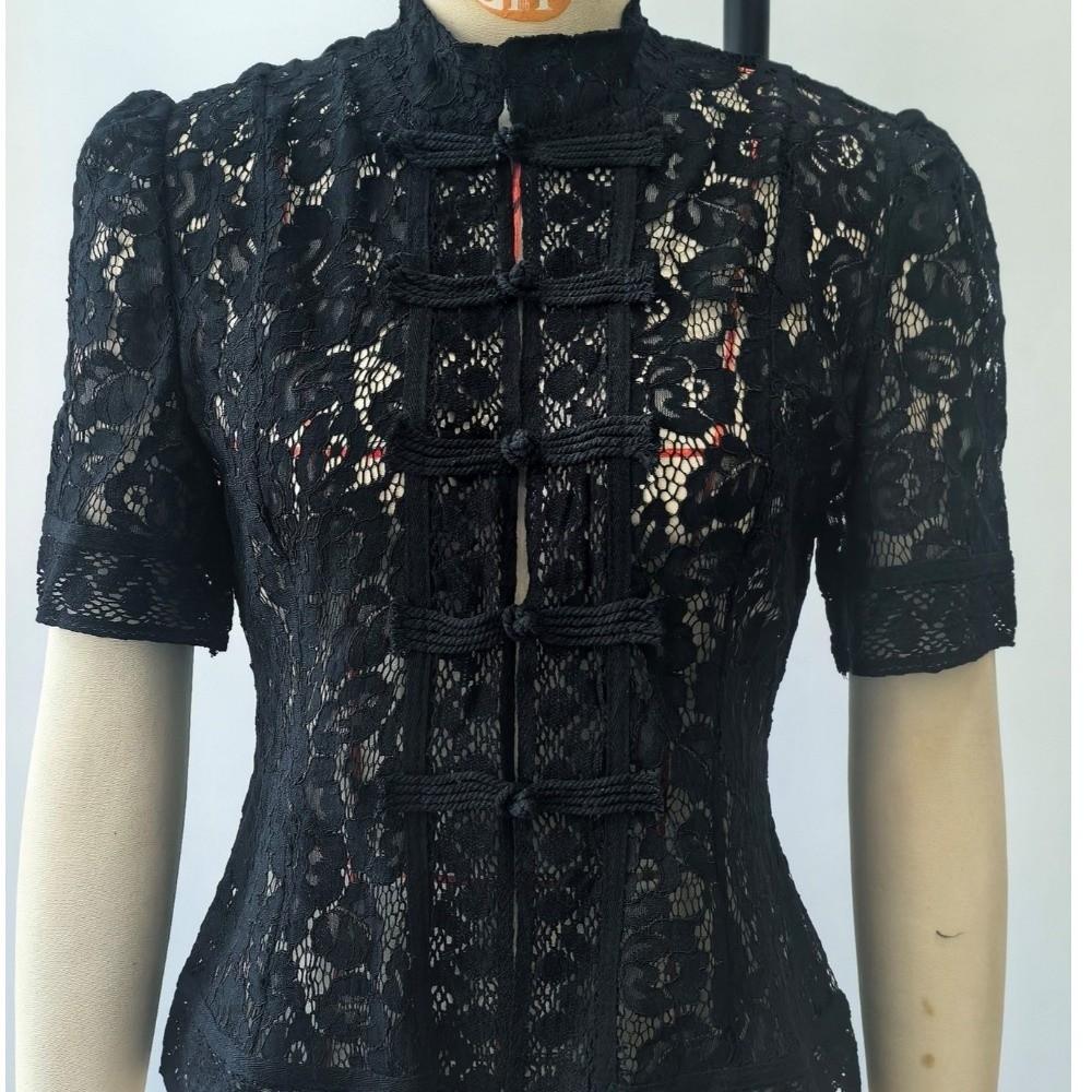 Hollowed Out Lace Printed Shirts Short Puff Sleeve Women Shirt Tops Chic Lace Blouse Party