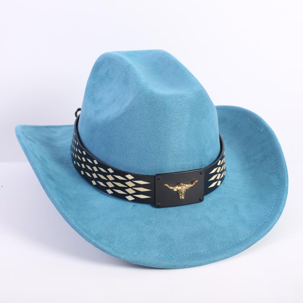 New Western Cowboy Hat Men's and Women's Versatile Wide Brim Top Hat Sun Hat Simple Bull Head Hat Strap