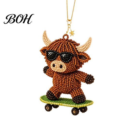 Stress Relief Craft DIY Highland Cow Beading Kit, Cute 3D Bead Pendant Handmade Ornaments with Colorful Beads And Instructions, Beadwork Kit