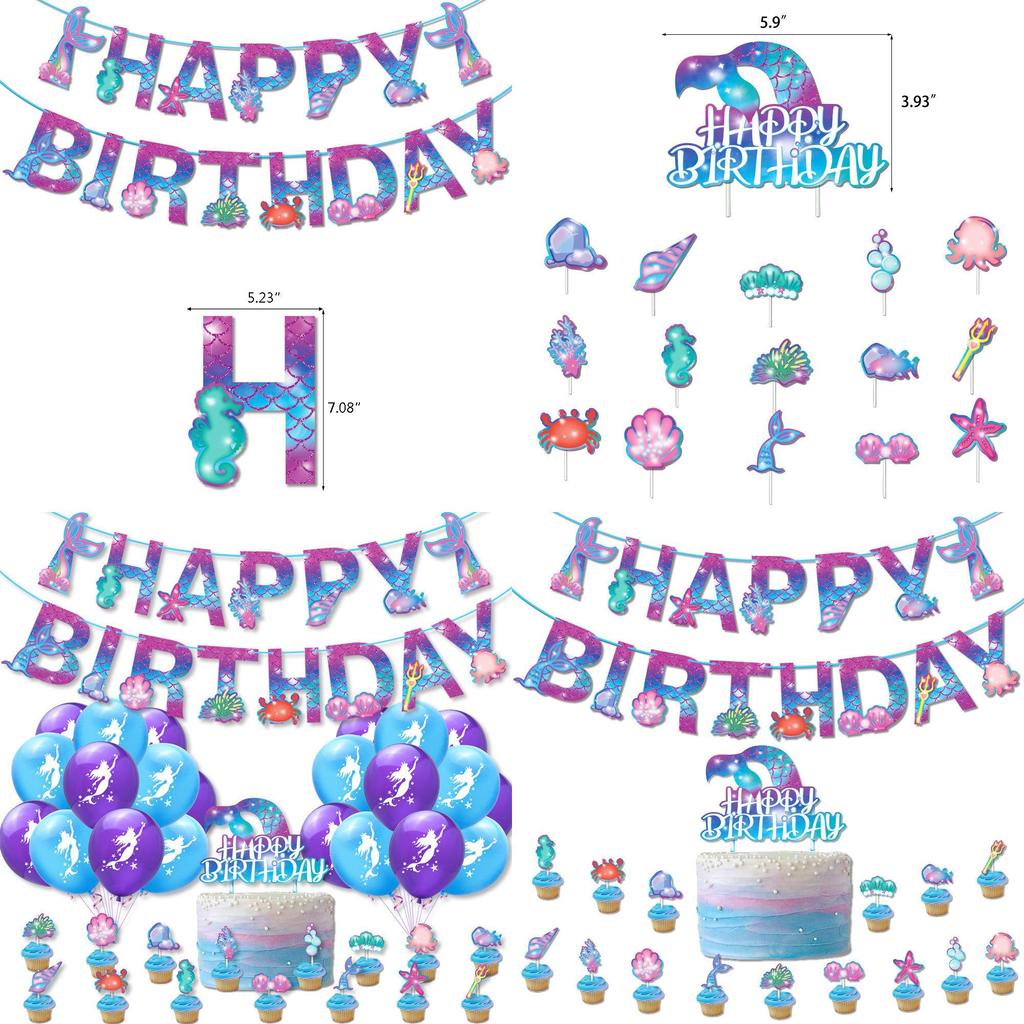 Ocean Theme Party Supplies Mermaid Birthday Celebration Banner And Cake Decorations