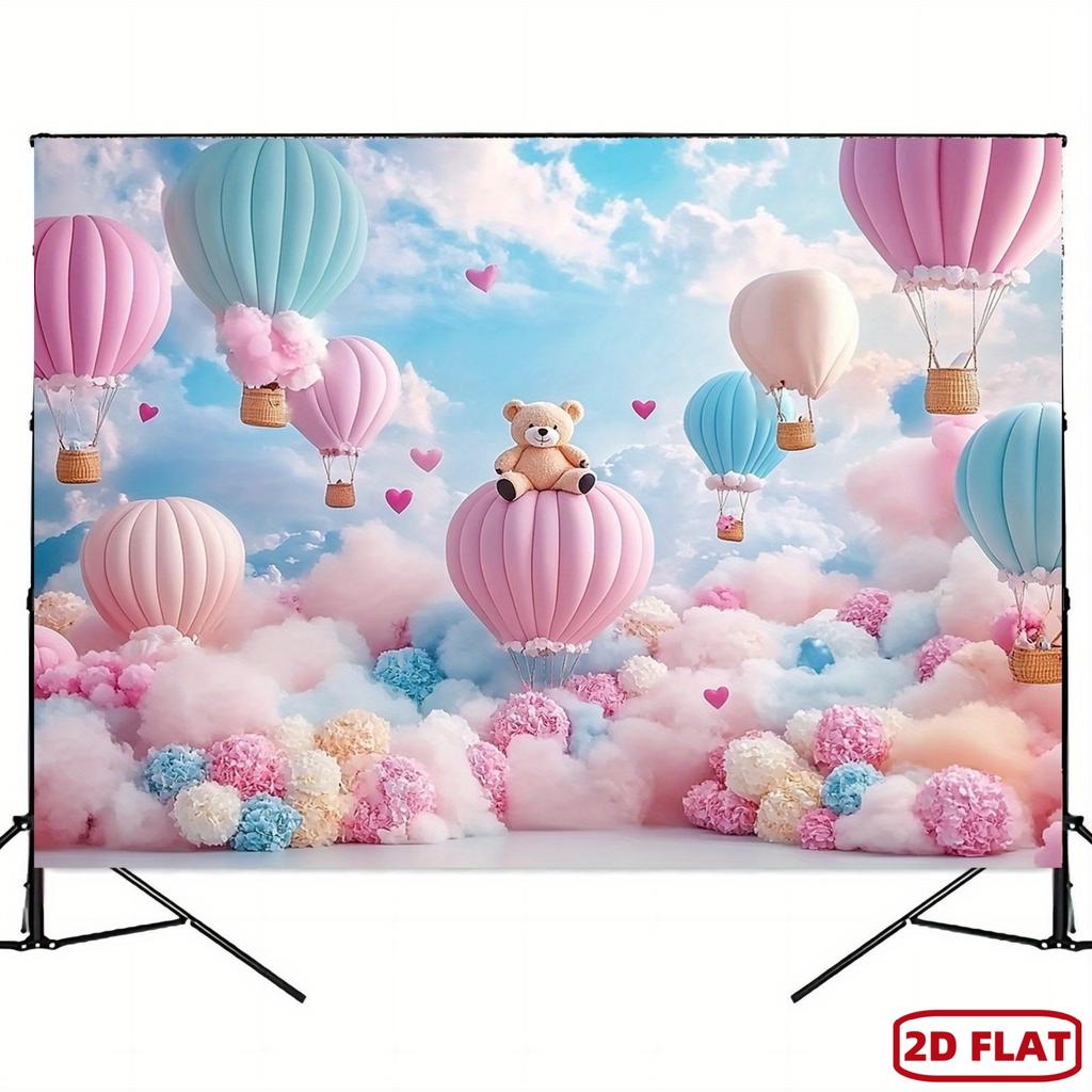 One piece. Pink sky birthday celebration background. Polyester material. Design with small bear balloons and flowers.