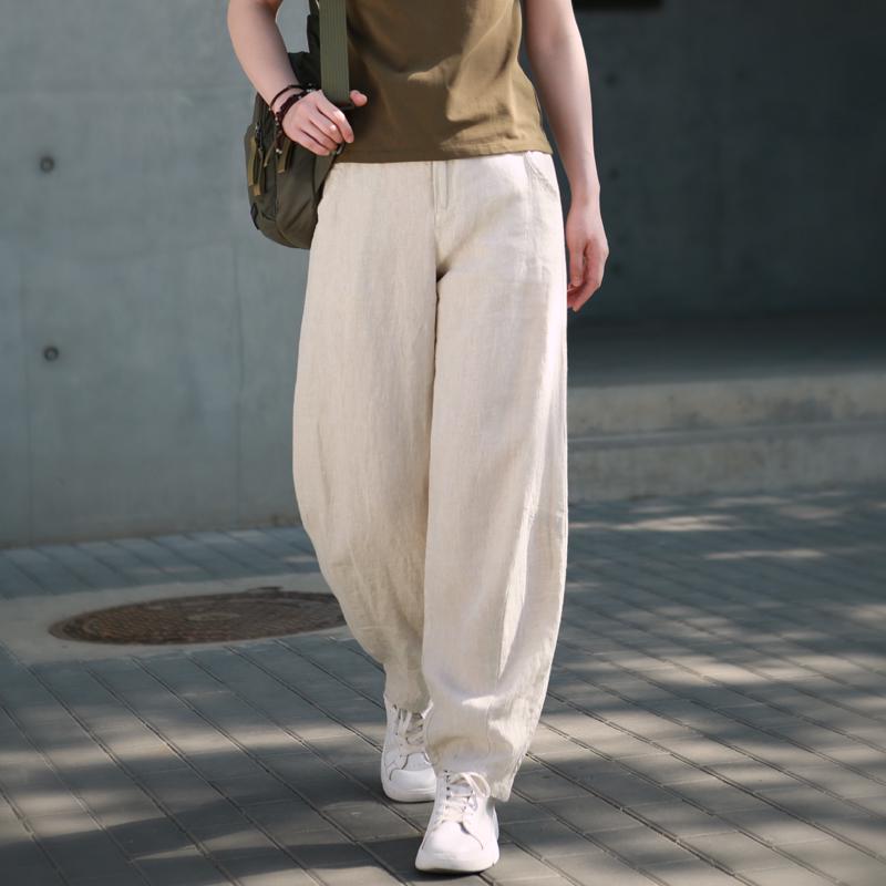 2026 Spring/Summer Women's Comfortable Ramie Wide-Leg Carrot Pants - Retro Lantern Style, Loose & Casual