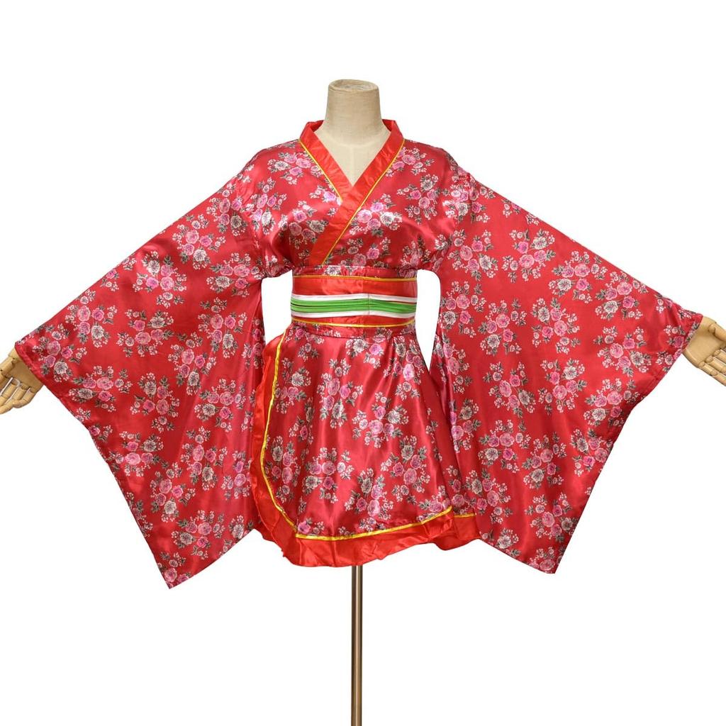 Sexy Short Japanese Gown Japanese Geisha Cosplay Costume Flower Print Yukata One Piece with Obi Belt Underwear Bathrobe Pajamas Women's (Red, L)