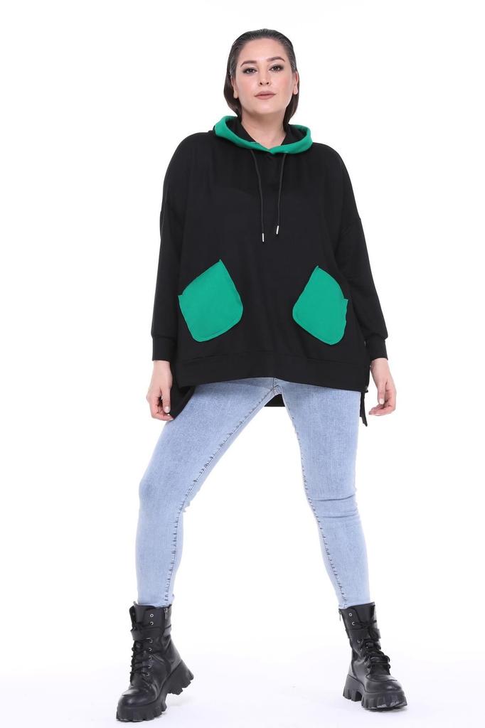 Women's Style Big Size Sweatshirt Large Size Extra Comfortable Fit Black Sweatshirt With Green Pocket Detail