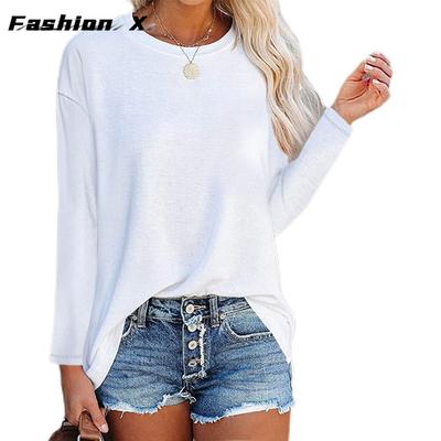 Новые свободные однотонные женские футболки с длинными рукавами и круглым вырезом, женские топы