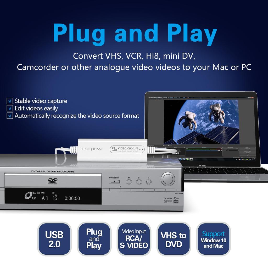 DigitPro USB Захват Видео VHS в Цифровой RCA в USB Конвертировать VHS Видеомагнитофон Hi8 Mini DV в Совместимый с Лентой ПК Windows и Mac OS Карта, Конвертер,