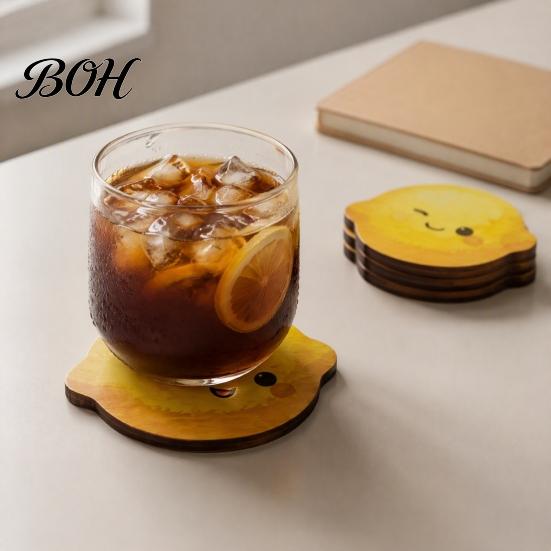 Rustic Wood Drink Coasters 4PCS Cute Lemon Shape Wooden Coasters, Non-slip Heat Insulation Pads, Solid Coaster Set Decorative Tableware for