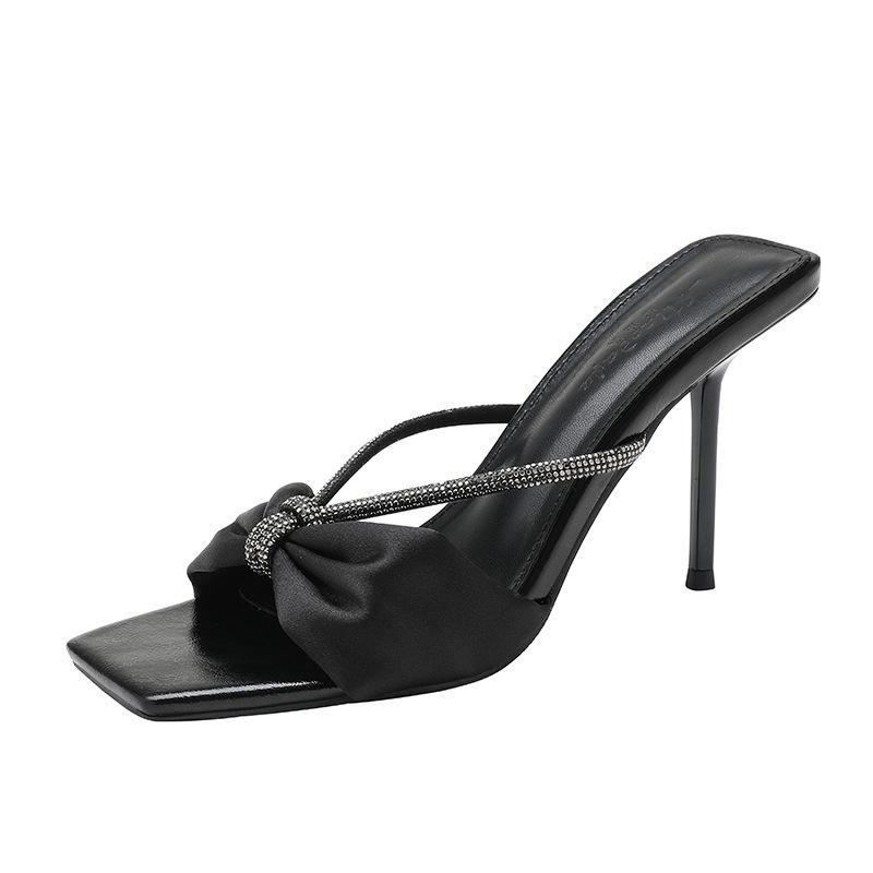 Фиолетовый атлас со стразами и босоножками, женские, лето 2025, новые туфли с открытым носком и бантом на высоком каблуке