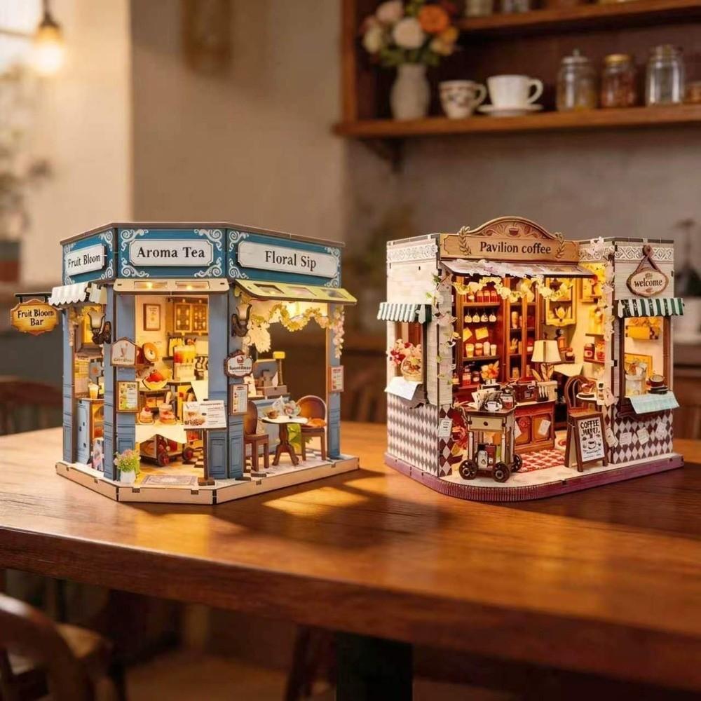 Cafe Wooden Miniature House LED Light 3D Puzzle Building Model Craft Mini Dollhouse Kit Gift