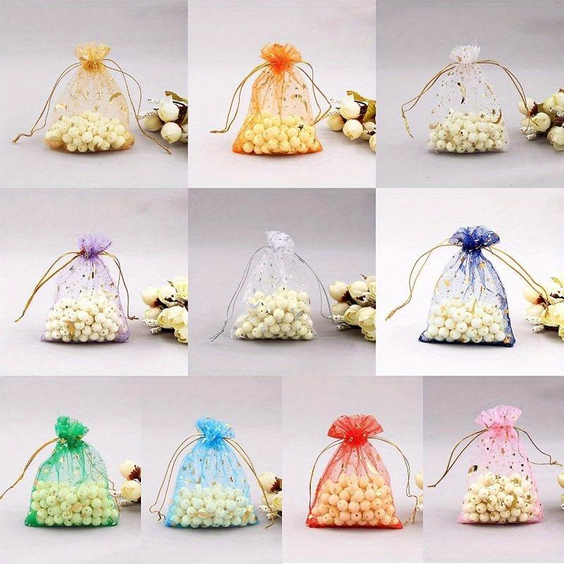 100pcs Moon Star Drawstring Organza Bag, Mixed Color Jewelry Pouch Gift Candy Bag, Valentine's Day Christmas Gift Package Display Storage Bag