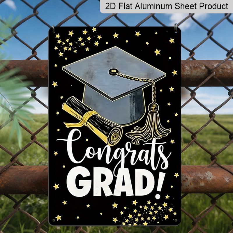 2D Flat, 1pc "Congrats Grad!" Metal Wall Art Sign with Graduation Cap & Diploma - 8*12 Inch Aluminium Black & Gold Graduation Decor, Stars Themed