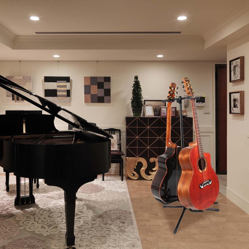 Double Adjustable Folding Guitar Stand with Adjustable Soft Foam Tripod Stable and Durable Guitar Versatile for Black Anti-Tip Rubber, Height, Arms,