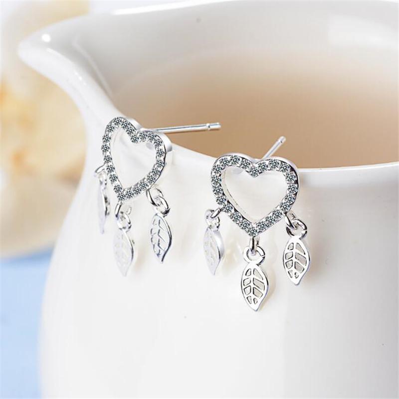 Fashion Dream Catcher Feather Personality 925 Sterling Silver Jewelry Love Heart -Shaped Crystal Temperament Stud Earrings Xze190