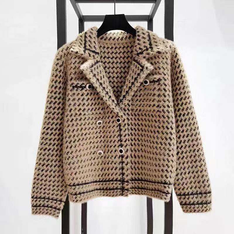 Jackets Women's Autumn Winter Small Fragrance Short Coat Female Style Vintage Houndstooth Knitted Cardigan Outwear Tops