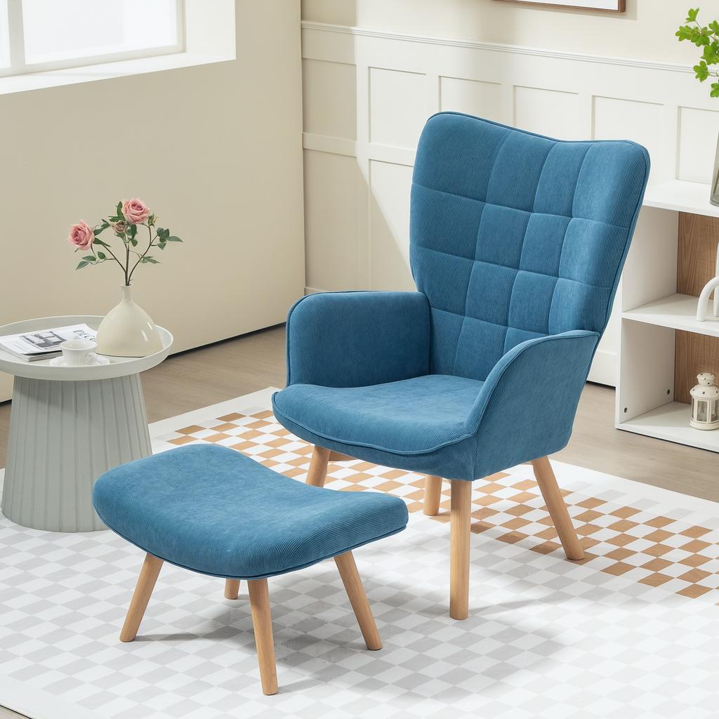 Accent Chair With Ottoman Relax Chair In Corduroy Look Armchair With Wooden Legs For Living Room Blue
